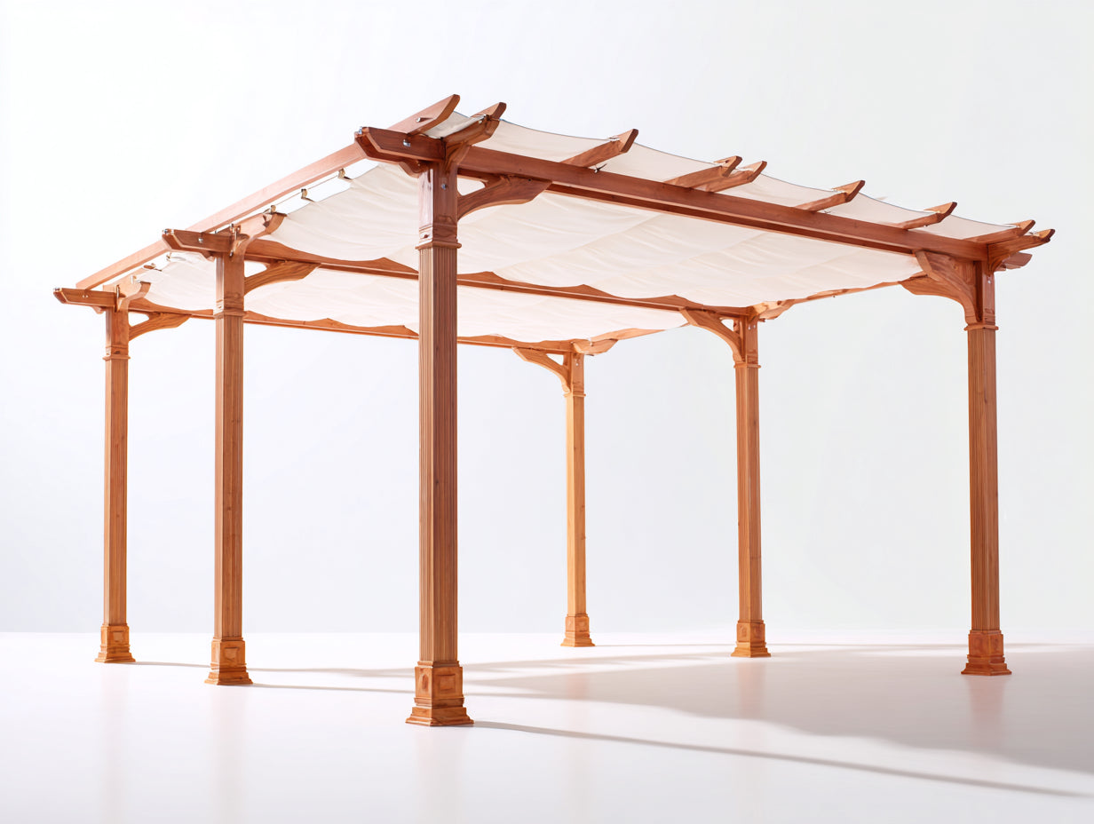 Pavillon Holz 600x300x260 cm - Naturholz und Creme - Pergola mit Stoffdach für Garten