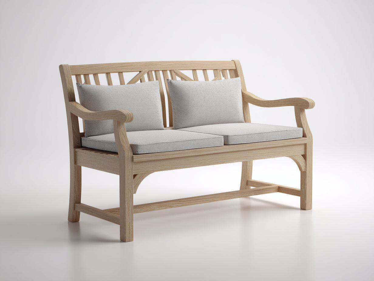 Gartenbank aus Holz 150 x 68 x 88 cm - Natur und Hellgrau - Gepolstertes klassisches Design mit Armlehnen für Garten und Terrasse