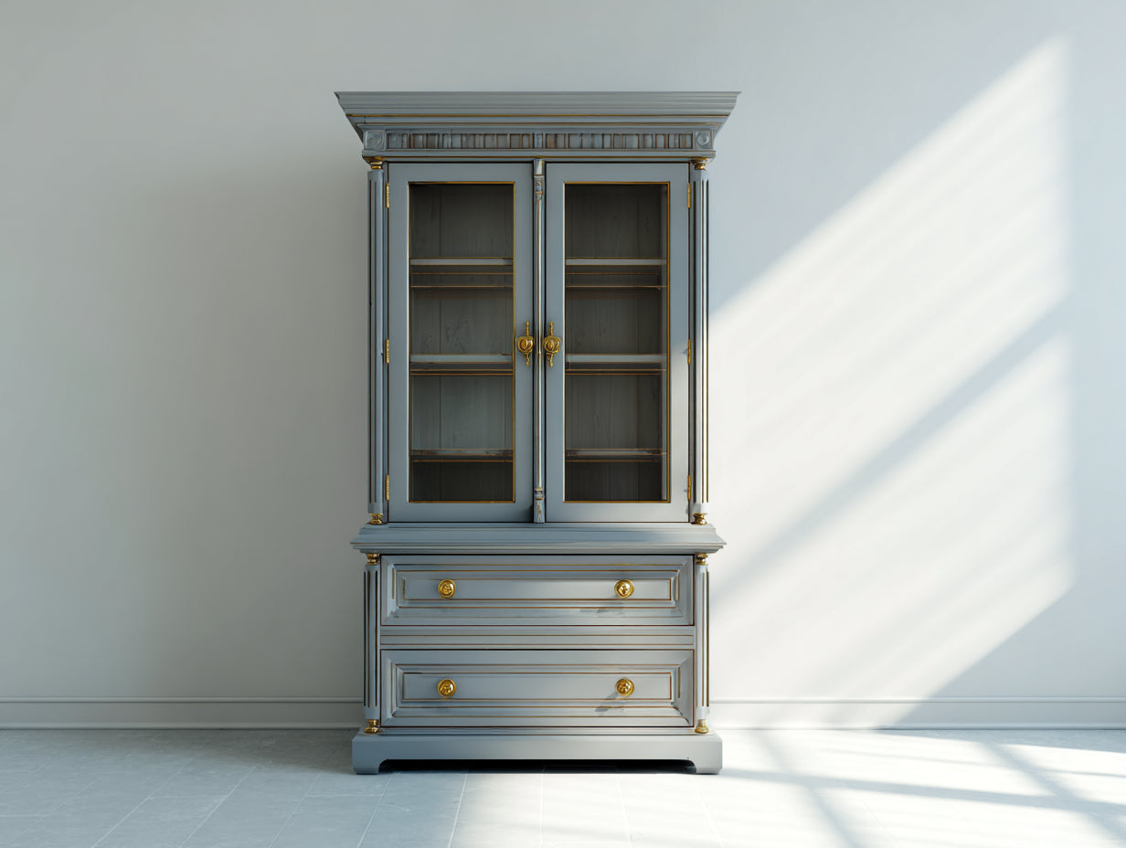 Vitrinen Holz Glas 100x45x200 cm - Grau Gold - klassischer Stil mit 2 Glastüren