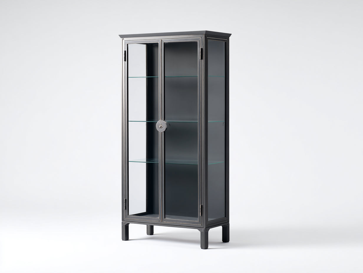 Vitrinen Metall Glas 80x38x160 cm - Schwarz - 2 Glastüren im Industriestil