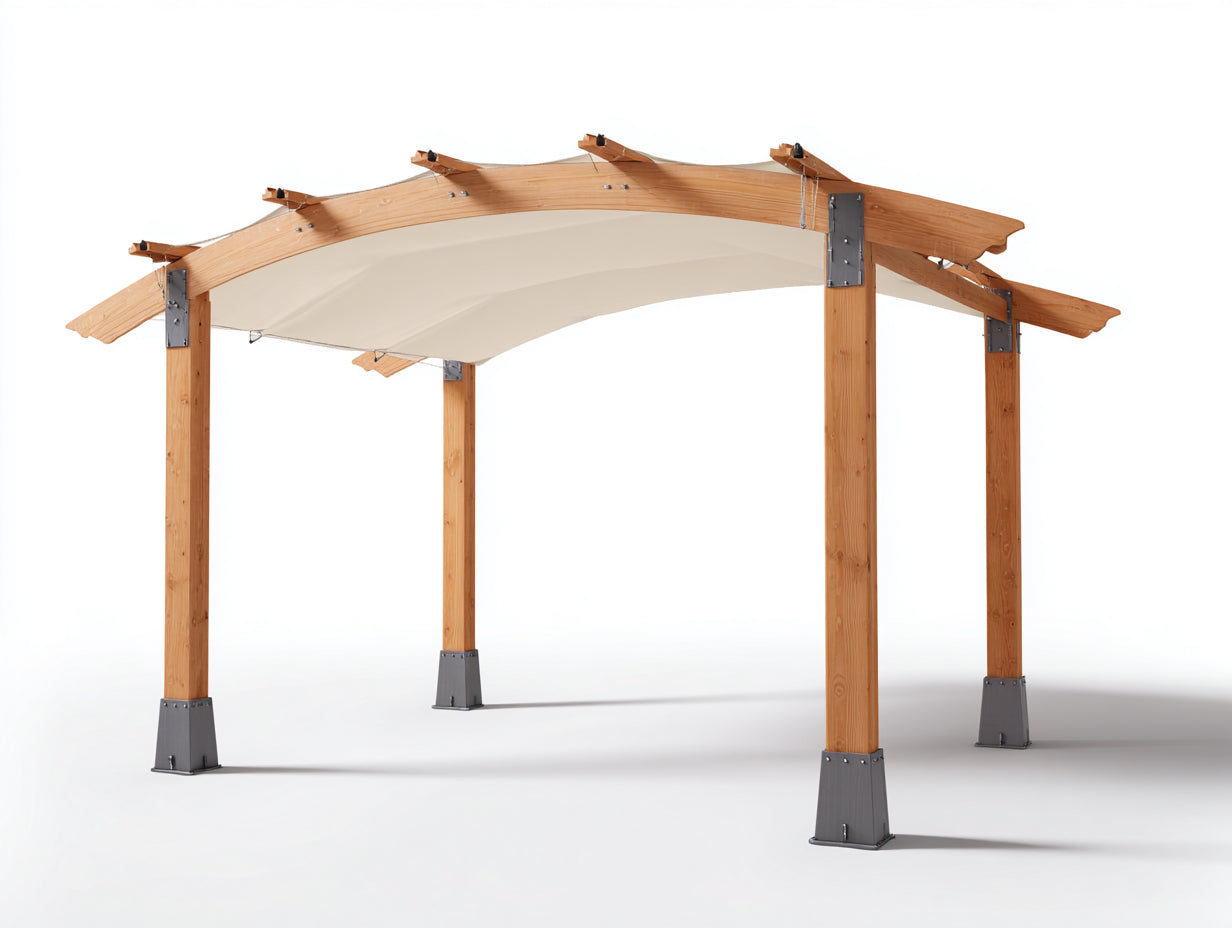 Pavillon aus Holz und Polyester 400 x 300 x 270 cm - Naturbraun und Beige - Geschwungenes Stoffdach für Garten und Terrasse