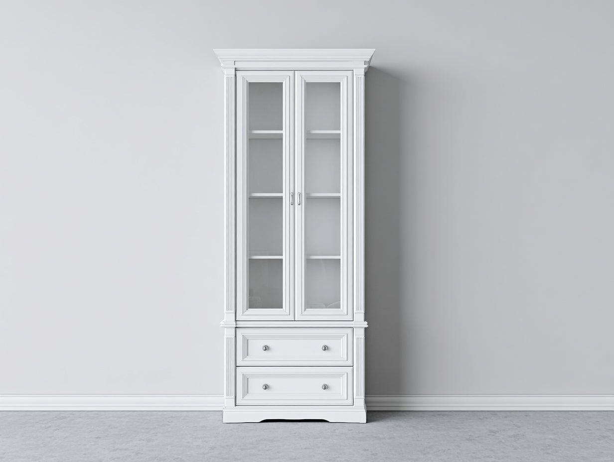 Vitrinen aus Holzwerkstoff und Glas 92 x 42 x 200 cm - Weiß - Klassisches Design mit 2 Glastüren und 2 Schubladen für Wohn- und Esszimmer