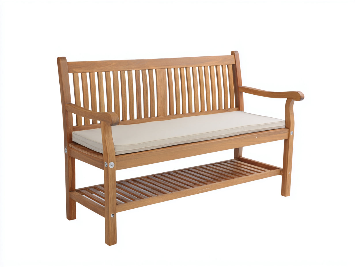Gartenbank aus Holz 150 x 65 x 90 cm - Naturbraun und Creme - Klassisches Lattendesign mit Armlehnen und unterer Ablage für Garten und Terrasse