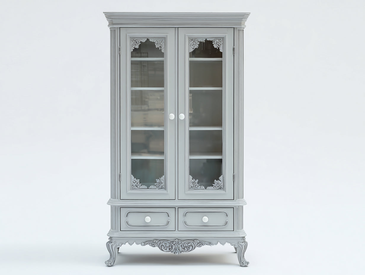 Vitrinen aus Holzwerkstoff und Glas 100 x 45 x 190 cm - Hellgrau - Klassisches Design mit 2 Glastüren und 2 Schubladen für Wohn- und Esszimmer
